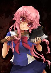  axe bad_google+_id bad_id bad_link big_eyes black_background blue_skirt female gasai_yuno grin hair_ribbon holding holding_weapon long_hair midori_matsui mirai_nikki pink_eyes pink_hair ribbon school_uniform skirt smile solo weapon wide-eyed 