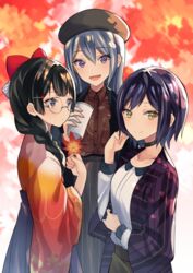  3girls :d autumn beret black_choker black_hair blue_eyes bow braid choker commentary_request cup disposable_cup glasses grey_hair hair_between_eyes hair_ornament hair_over_shoulder hairbow hairclip hat highres higuchi_kaede higuchi_kaede_(4th_costume) holding holding_cup holding_leaf jacket japanese_clothes kimono leaf long_hair long_sleeves looking_at_viewer looking_away maple_leaf mole mole_under_eye multiple_girls nijisanji open_mouth purple_eyes purple_hair round_eyewear ryun025 shirt shizuka_rin shizuka_rin_(4th_costume) short_hair single_braid skirt smile tsukino_mito tsukino_mito_(4th_costume) virtual_youtuber wide_sleeves yellow_eyes 