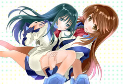  2girls blush boots breasts brown_eyes brown_hair carrying commentary_request cropped_jacket embarrassed finger_marks green_eyes green_hair jacket long_hair long_sleeves looking_at_viewer medium_breasts minashiro_orihime multiple_girls open_mouth princess_carry sakaki_tsui sidelocks skirt soukyuu_no_fafner tatekami_seri wavy_mouth 