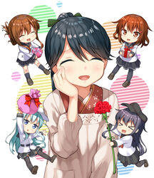  &gt;_&lt; 5girls :d ^_^ absurdres akatsuki_(kancolle) anchor_symbol apron arm_up black_hair black_pantyhose black_socks black_thighhighs blue_eyes blue_hair blush box brown_eyes brown_hair chestnut_mouth chibi closed_eyes commentary_request flat_cap flower folded_ponytail gift gift_box grey_eyes grey_hair hair_ornament hairclip hand_on_own_cheek hand_on_own_face happy has_bad_revision has_downscaled_revision hat hibiki_(kancolle) highres holding houshou_(kancolle) ikazuchi_(kancolle) inazuma_(kancolle) japanese_clothes kantai_collection kappougi loafers long_hair looking_at_viewer md5_mismatch miyabi_(miyabeeya) motherly multiple_girls open_mouth pantyhose pleated_skirt ponytail purple_hair resolution_mismatch school_uniform serafuku shoes short_hair simple_background skirt smile socks source_smaller thighhighs verniy_(kancolle) xd zettai_ryouiki 