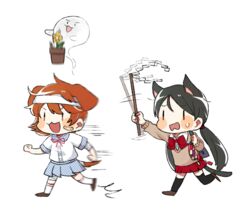  2girls :3 :d animal_ears bad_id bad_twitter_id bandages bandaid bandaid_on_face blue_skirt blush buttons cat_ears cat_tail dog_ears dog_tail flower_pot ghost gohei hair_ornament holding long_hair miniskirt motion_blur motion_lines multiple_girls omamori open_mouth plant pleated_skirt potted_plant ribbon running school_uniform shinto shirt short_hair short_sleeves skirt smile solid_oval_eyes stick tail tokyo_7th_sisters twintails v-shaped_eyebrows white_shirt yamai_sawori yukuhashi_ei |_| 