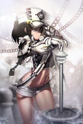  adjusting_clothes adjusting_headwear bad_id bad_twitter_id black_eyes black_hair blowing_bubbles blurry chewing_gum cropped_jacket depth_of_field devil_maker female glint gloves hair_between_eyes hat midriff navel polearm rheez short_shorts shorts solo weapon 