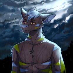  1:1 2018 anthro bat brown_body brown_fur chest_tuft clothed clothing depression digital_media_(artwork) franset fur hair hi_res male mammal megabat outside portrait purple_eyes raining sad solo specter_koen standing stripe-faced_fruit_bat stripes topless tuft white_hair wings 