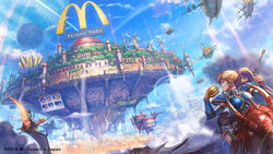  1boy 2018 above_clouds aircraft airship armor big_mac blonde_hair blue_sky brown_hair building burger chains cloud cloudy_sky commentary_request day dinosaur double-decker_hamburger_bun dragon fantasy fast_food female flag floating_island food gauntlets holding holding_food horns light_rays long_hair looking_away magic_circle mcdonald&#039;s menu_board moon official_art outdoors photoshop_(medium) ponytail pterosaur purple_eyes rainbow restaurant riding shiki_makoto short_hair sign skirt sky slit_pupils smoke watermark windmill wings 