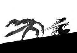  1boy berserk commentary_request crossover dragonslayer_(sword) elsa_maria_(madoka_magica) female greyscale guts_(berserk) huge_weapon long_hair mahou_shoujo_madoka_magica mahou_shoujo_madoka_magica_(anime) monochrome nemo_(nameless920) sword weapon witch_(madoka_magica) 