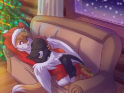  2017 4:3 anthro bent_legs black_yoshi brown_body brown_fur canid canine christmas christmas_clothing christmas_headwear christmas_tree closed_eyes clothing costume cuddling duo female fox fur furniture hat headgear headwear holidays hoodie_(character) love male mammal mario_bros nintendo on_sofa over_edge plant purple_eyes red_clothing ripli romantic romantic_ambiance romantic_couple santa_costume santa_hat scalie sleeping smile snow sofa spikes tail_over_edge tree white_body white_fur window winged_yoshi wings yoshi 