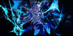  1boy absurdres arm_guards artist_name bare_shoulders black_coat blue_eyes blue_fire blue_gloves blue_horns blue_thighhighs blue_wings breasts breasts_apart center_frills chevalier_(elsword) chinese_commentary ciel_(elsword) closed_mouth coat commentary dark_background dress elsword female fire forehead_jewel frills fur_collar gloves hair_over_one_eye head_tilt highres holding holding_weapon horns ishtar_(elsword) legs_up lens_flare long_hair long_sleeves looking_at_viewer looking_back low_wings luciela_r._sourcream medium_breasts outstretched_arm parted_bangs photoshop_(medium) pointy_ears pyrokinesis signature swd3e2 thighhighs weapon white_dress white_hair wings 