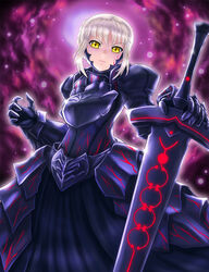  armor armored_dress artoria_pendragon_(fate) blonde_hair boken_fantasy commentary_request dress excalibur_morgan_(fate) fate/stay_night fate_(series) female highres saber_alter solo sword weapon yellow_eyes 