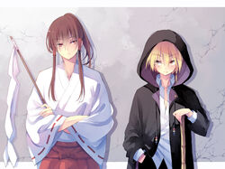  2boys against_wall bamboo_broom blonde_hair braid broom brown_hair collared_shirt commentary_request contemporary crack cracked_wall geki genderswap_(ftm) gohei hair_tubes hakurei_reimu hand_in_pocket hood hoodie japanese_clothes kirisame_marisa looking_at_another male_focus miko multiple_boys piyokichi ponytail red_eyes rule_63 shirt short_hair touhou unbuttoned yellow_eyes 