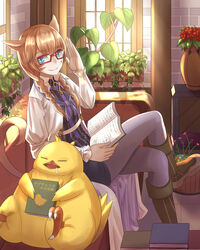  androgynous animal_ears blue_eyes book braid brown_footwear chocobo commentary_request couch crossed_legs facial_mark final_fantasy final_fantasy_xiv gender_request glasses hand_up highres holding holding_book indoors looking_at_viewer miqo&#039;te ojiki open_book plant potted_plant saliva sitting smile solo tail warrior_of_light_(ff14) whisker_markings window 