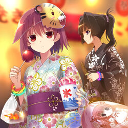  2girls alternate_hairstyle bag bagged_fish black_hair blue_eyes bracelet candy_apple chocolate_banana commentary_request festival fish food goldfish hair_ribbon haramura_nodoka hirose_sumire hyuuga_takashi japanese_clothes jewelry kimono mask miyanaga_teru multiple_girls pink_hair ponytail red_eyes red_hair ribbon saki_(manga) saki_achiga-hen scrunchie shaved_ice tiger_mask_(object) water_balloon yukata 