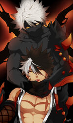  bad_id bad_pixiv_id black_hair black_skin dual_persona elsword highres hug hug_from_behind male_focus multicolored_hair multiple_boys no_mouth orange_eyes raven_(elsword) reckless_fist_(elsword) scar shirtless spiked_hair two-tone_hair white_hair yukibi_(ykb) 