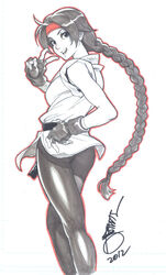  arnold_tsang ass braid dougi female fingerless_gloves gloves hand_on_own_hip headband long_hair marker_(medium) monochrome photoshop_(medium) ryuuko_no_ken scan signature single_braid smile solo spandex spot_color the_king_of_fighters traditional_media udon_entertainment v yuri_sakazaki 