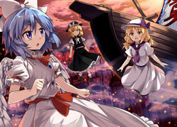  3girls :d :o aircraft airship black_footwear black_skirt black_vest blonde_hair blue_eyes blue_hair bow commentary_request dress e.o. embers expressionless fedora hat hat_bow louise_(touhou) low_twintails mai_(touhou) makai_(touhou) multiple_girls neck_ribbon neckerchief open_mouth palanquin_ship parted_lips petticoat puffy_short_sleeves puffy_sleeves purple_bow purple_neckerchief red_sky ribbon sailor_collar ship short_hair short_sleeves skirt sky smile socks touhou touhou_(pc-98) twintails vest watercraft white_dress white_legwear white_ribbon yellow_eyes yuki_(touhou) 