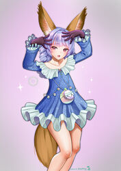  animal_ears arms_up black_gloves blue_dress braid dated dog_ears dog_tail dress elin_(tera) gloves hair_intakes hands_on_own_head highres jewelry kumehara_chiyota long_hair necklace open_mouth pink_background purple_eyes purple_hair short_dress signature simple_background smile solo tail tera_online twin_braids twintails 