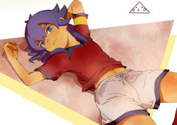  1boy armband bad_id bad_pixiv_id blue_eyes inazuma_eleven_(series) inazuma_eleven_go kidokawa_seishuu kishibe_taiga long_hair looking_at_viewer lying male_focus mizuhara_aki navel on_back purple_hair soccer_uniform solo sportswear white_background 