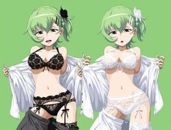  2girls aoki_hagane_no_arpeggio bad_id bad_pixiv_id bra dress_shirt dual_persona garter_belt green_eyes green_hair kamo_3 multiple_girls nachi_(aoki_hagane_no_arpeggio) one_side_up panties photoshop_(medium) shirt short_hair side_ponytail underwear undressing 