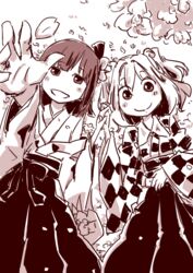  2girls bell blush checkered_clothes checkered_kimono commentary_request flower hair_bell hair_flower hair_ornament hakama hakama_skirt hieda_no_akyuu highres holding_hands japanese_clothes jingle_bell kimono lying meiji_schoolgirl_uniform monochrome motoori_kosuzu multiple_girls open_mouth outstretched_arm outstretched_hand petals reaching short_hair skirt smile sonson_(eleven) touhou twintails 