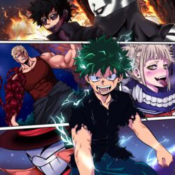  5boys bangs blonde_hair blunt_bangs boku_no_hero_academia bubaigawara_jin cardigan dabi_(boku_no_hero_academia) double_bun fangs female fire green_hair hair_bun messy_hair midoriya_izuku multiple_boys muscular_(boku_no_hero_academia) sako_atsuhiro serafuku toga_himiko tongue yellow_eyes 