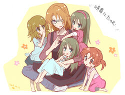  1boy 4girls apron barefoot brother_and_sister brown_eyes brown_hair collarbone commentary_request dated emery_almond floral_background glasses green_eyes green_hair hairband hino_miwa index_finger_raised indian_style long_hair minashiro_orihime minashiro_soushi minashiro_tsubaki mother_and_daughter multiple_girls one_eye_closed sakaki_tsui scar short_hair short_twintails siblings sidelocks sitting skirt soukyuu_no_fafner sweatdrop time_paradox twintails uncle_and_niece whispering 