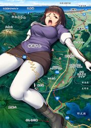  black_skirt braid braided_bun breasts brown_eyes brown_hair commentary elbow_gloves female full_body giant giantess gloves hair_bun highres ichikawa_feesu kantai_collection lake large_breasts long_hair lying map military military_uniform mountain myoukou_(kancolle) myoukou_pose ocean one_eye_closed open_mouth pantyhose pencil_skirt pun purple_shirt shirt single_hair_bun skirt solo thick_eyebrows translated uniform white_gloves white_pantyhose 