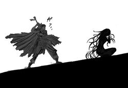  1boy berserk commentary_request crossover elsa_maria_(madoka_magica) female greyscale guts_(berserk) huge_weapon long_hair mahou_shoujo_madoka_magica mahou_shoujo_madoka_magica_(anime) monochrome nemo_(nameless920) sword weapon witch_(madoka_magica) 