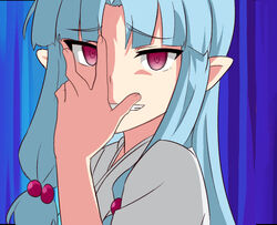  blue_hair chinese_commentary chinese_text chuunibyou commentary_request derivative_work evil_grin evil_smile female gabriel_dropout grin hair_bobbles hair_ornament hand_on_own_face kaiven_banzhang kiriha_(tsugumomo) long_hair oozora_naomi parody pointy_ears pose red_eyes satanichia_kurumizawa_mcdowell screenshot_redraw smile solo tsugumomo voice_actor_connection 