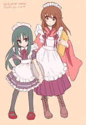  2girls alternate_costume apron black_legwear blush boots brown_eyes brown_hair commentary_request dated enmaided frills frown green_eyes green_hair japanese_clothes long_hair maid maid_headdress minashiro_orihime mixed_maids multiple_girls pantyhose ribbon sakaki_tsui sidelocks skirt soukyuu_no_fafner tatekami_seri tray wa_maid waitress 