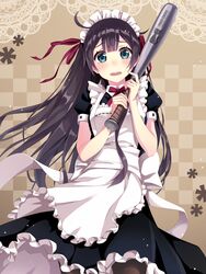  apron baseball_bat black_hair blue_eyes blush bow commentary_request female frills hair_ribbon long_hair looking_at_viewer maid maid_headdress official_art open_mouth pantyhose puffy_short_sleeves puffy_sleeves ribbon short_sleeves solo tears tokumaru unlimited_nine_2 wavy_mouth wind 