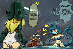  3girls anger_vein armor ass bandeau bikini bikini_armor bioluminescence black_hair blonde_hair bloodycat blue_hair cameltoe check_translation cherno_alpha crimson_typhoon english extra_arms glowing kaijuu long_hair mecha_musume mechanical_arms monster_girl multiple_girls night ocean one-piece_swimsuit otachi pacific_rim personification rain short_hair swimsuit tail thong translated water wet wet_clothes white_swimsuit 