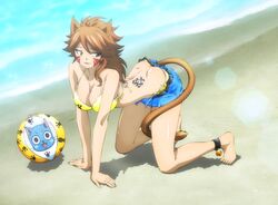  all_fours animal_ears ball barefoot beach beachball bell bikini_top breasts brown_eyes brown_hair butt_crack cat_tail cleavage fairy_tail female hanging_breasts happy_(fairy_tail) highres large_breasts millianna sand screencap shorts stitched swimsuit tail tattoo 