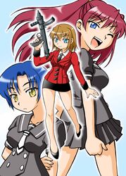  3girls agent_aika aika_(series) aika_zero artist_request blue_eyes breasts curvy female happy holding holding_weapon medium_breasts minamino_karen multiple_girls open_mouth school_uniform shingai_eri short_hair skirt smile sumeragi_aika weapon wink yamauchi_noriyasu yellow_eyes 