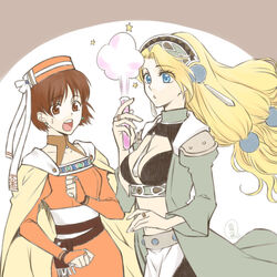  2girls :o atelier_(series) atelier_elie atelier_marie blonde_hair blue_eyes brown_eyes brown_hair cape commentary_request crop_top elfir_traum hair_ornament hat hat_ribbon long_coat long_hair low-tied_long_hair marie_(atelier) midriff multiple_girls nickii25 photoshop_(medium) ribbon short_hair smoke surprised teeth test_tube very_long_hair very_short_hair 