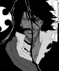  1boy bad_id bad_pixiv_id beard bleach bleach:_sennen_kessen-hen chongzi0807 dual_persona facial_hair greyscale highres long_hair male_focus military military_uniform monochrome moustache mutton_chops personification smile spoilers stubble sunglasses uniform wandenreich yhwach zangetsu_(bleach) 