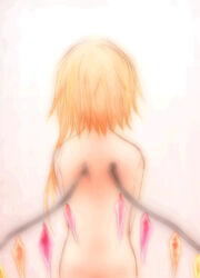  2005 asymmetrical_hair back blonde_hair facing_away female flandre_scarlet from_behind kokono_coco lowres no_headwear nude pale_color short_hair solo touhou upper_body wings 