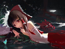  bad_id bad_pixiv_id bare_shoulders bow brown_hair bug butterfly detached_sleeves female finger_to_mouth flower hair_tubes hairbow hakurei_reimu long_sleeves mask mouth_mask night oni_mask photoshop_(medium) red_eyes reflection shirt skirt skirt_set smile solo torii touhou water wide_sleeves yueyue 