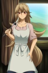  absurdres aged_up apron atra_mixta chibi_yawawa commentary_request curtains female gundam gundam_tekketsu_no_orphans highres holding ladle light_brown_hair long_hair red_eyes spoilers very_long_hair window 