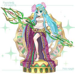  anklet aqua_eyes aqua_hair barefoot commentary_request english_text engrish_text female firuo_(king_fish) headdress jewelry long_hair lotus_pedestal midriff navel parvati_(p&amp;d) polearm puzzle_&amp;_dragons ranguage solo trident very_long_hair weapon 