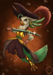  2018 4_toes absurd_res anisodactyl anthro avian avian_feet bird captain_celaeno_(mlp) clothing detailed_background ear_piercing ear_ring eyelashes feathers feet female friendship_is_magic green_body green_feathers hasbro hat headgear headwear hi_res holding_melee_weapon holding_object holding_sword holding_weapon melee_weapon my_little_pony my_little_pony:_the_movie_(2017) mykegreywolf parrot piercing pink_eyes ring_piercing solo sword toes weapon 