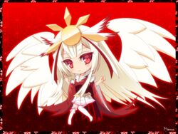  amamiya_marron bare_shoulders beatmania_iidx bemani blush chibi commentary_request female hair_ornament houou_rinka long_hair looking_at_viewer md5_mismatch obi red_eyes sash skirt smile solo thighhighs white_hair wings 