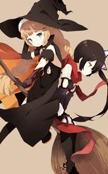  2girls black_cape black_dress black_footwear black_gloves black_hair black_hat blonde_hair blue_eyes blunt_bangs boots braid broom broom_riding brown_background cape closed_mouth commentary_request detached_sleeves dress elbow_gloves gloves hair_ornament hat highres knee_boots long_hair looking_at_viewer low_twintails mabuta_(byc0yqf4mabye5z) mahou_shoujo_ikusei_keikaku mahou_shoujo_ikusei_keikaku_unmarked multiple_girls multiple_riders ninja puffy_short_sleeves puffy_sleeves purple_eyes red_scarf ripple_(mahoiku) scarf short_sleeves side_ponytail sidelocks sidesaddle simple_background single_elbow_glove single_glove sleeveless sleeveless_dress smile top_speed twin_braids twintails very_long_hair witch_hat x_hair_ornament 