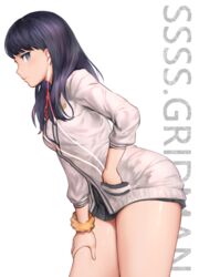  bad_id bad_pixiv_id black_hair blush bow bowtie breasts commentary cowboy_shot earphones female from_side gridman_universe half-closed_eyes hand_in_pocket hand_on_own_thigh leaning_forward long_hair long_sleeves looking_at_viewer miniskirt neon.p pleated_skirt red_bow red_bowtie simple_background skirt solo ssss.gridman takarada_rikka thighs white_background 