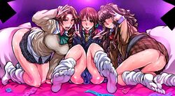  3girls :d ascot ass blush bow bowtie breasts commentary_request condom condom_wrapper feet girl_sandwich hair_ornament hair_scrunchie hattori_toko idolmaster idolmaster_cinderella_girls jewelry kawashima_mizuki large_breasts looking_at_viewer mifune_miyu multiple_girls necktie no_shoes on_bed open_mouth plaid plaid_skirt pleated_skirt prostitution ring sandwiched school_uniform scrunchie skirt smile socks sweat v warainaku 