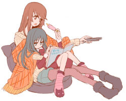  2girls :o black_hair blanket book brown_eyes brown_hair commentary_request controller eating food green_eyes long_hair long_sleeves lying minashiro_orihime multiple_girls pantyhose pantyhose_under_shorts popsicle reading remote_control sakaki_tsui shorts sitting socks soukyuu_no_fafner sweater tatekami_seri 