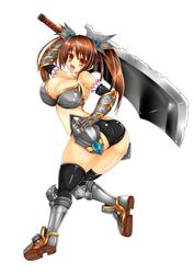  armor bikini_armor breasts brown_hair curvy female hand_on_hip happy huge_breasts huge_sword looking_at_viewer looking_back no_background red_eyes smile solo twintails 