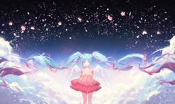  ^_^ absurdly_long_hair arms_behind_back artist_name bad_id bad_pixiv_id bangs bare_shoulders blue_hair cherry_blossoms closed_eyes closed_mouth cloud collarbone dress eyebrows_visible_through_hair facing_viewer feathered_wings floating_hair flower gomzi gradient_hair hair_between_eyes hair_ornament hair_ribbon hair_scrunchie hands_clasped hands_together hatsune_miku layered layered_dress long_hair multicolored_hair night night_sky outdoors own_hands_together petals pink_dress pink_hair pink_ribbon ribbon scrunchie shiny shiny_hair signature sky sleeveless sleeveless_dress smile solo standing star_(sky) starry_sky stratosphere twintails very_long_hair vocaloid white_wings wings 