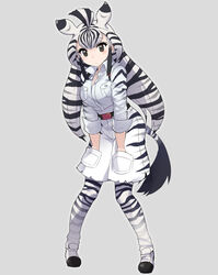  animal_ears animal_print bad_id bad_link bad_nicoseiga_id belt black_eyes black_hair breast_pocket breasts chapman&#039;s_zebra_(kemono_friends) cibo_(killy) collared_shirt commentary_request dot_nose eyelashes female full_body grey_background grey_hair hands_in_pockets highres jacket kemono_friends large_breasts long_hair looking_at_viewer multicolored_hair partially_unbuttoned pocket safari_jacket shirt shoes shorts simple_background sleeves_rolled_up solo standing striped_clothes striped_hair striped_shorts tail white_hair white_shirt wing_collar zebra_ears zebra_print zebra_tail 