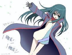  black_gloves coat commentary_request dated female gloves green_hair long_coat long_hair minashiro_orihime open_mouth outstretched_arm sakaki_tsui skirt solo soukyuu_no_fafner uniform 