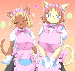  blonde_hair blue_eyes brown_hair feline female furry letsuo maid smile solo 