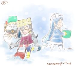  2girls alternate_costume beanie blue_hair bucket closed_eyes coat commentary_request grey_hair hat kantai_collection kiyoshimo_(kancolle) long_hair mae_(maesanpicture) mittens multicolored_hair multiple_girls musashi_(kancolle) numbered open_mouth outdoors samidare_(kancolle) shovel smile snow snow_shovel snowman twitter_username very_long_hair winter_clothes 